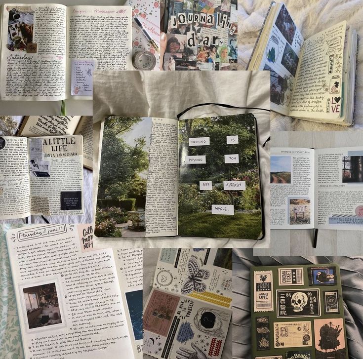 the image shows a collection of different journal pages, all of which are decorated with stickers, drawings, and handwritten text. some pages have elaborate collages made of paper scraps, photos, and other ephemera, while others have simple layouts with handwritten text and a few stickers. the overall aesthetic is minimalist and vintage, with a focus on nature and travel. the image is a great example of how bullet journaling can be used as a creative outlet to express oneself and capture memories.