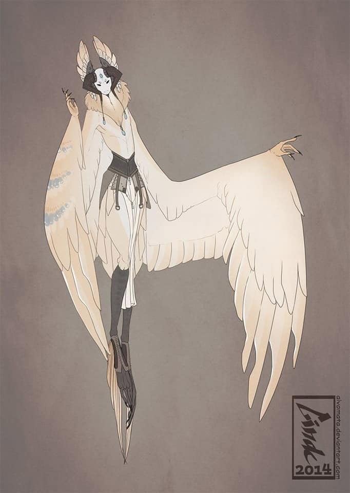 a stylized illustration of a humanoid moth creature with large white wings. the creature is wearing a furcollared robe, a black corset, and has thin legs ending in talons. it has a black and white mask, and feathery antennae. the illustration has a fantasy feel.
