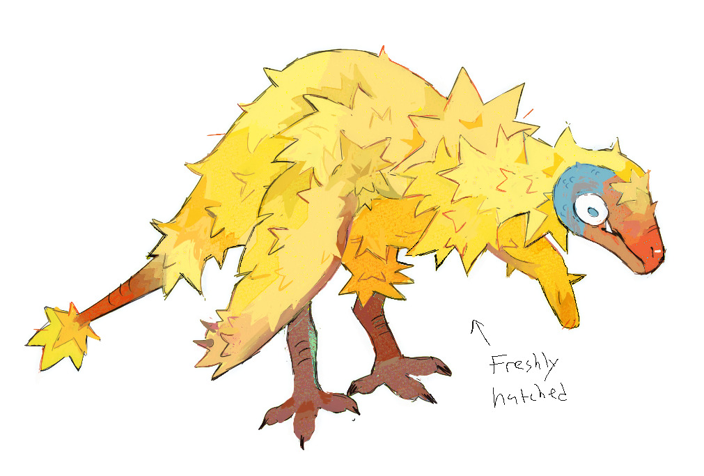 a yellow baby dinosaur that looks like a chick with stars all over its body and a long tail with a star at the end. there is text pointing to the dinosaur's leg that says "freshly hatched".