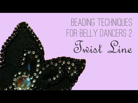the image shows the title card for a video tutorial on beading techniques for belly dancers, specifically focusing on a "twist line" design. on the left side of the image is a piece of black fabric adorned with beads and crystals. the background is a light lavender color.
