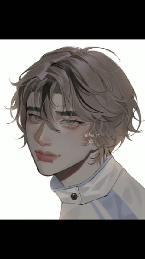 the image is a digital drawing or fanart of a young animestyle boy. he has soft, light grey hair styled in loose, slightly wavy bangs that fall around his face. his eyes are a light color, and his expression is gentle and somewhat shy. he's wearing a lightcolored collared shirt or jacket.  the art style is soft and painterly, with muted colors and a focus on delicate features and shading. the overall mood is calm and peaceful. a small watermark is visible on the image.