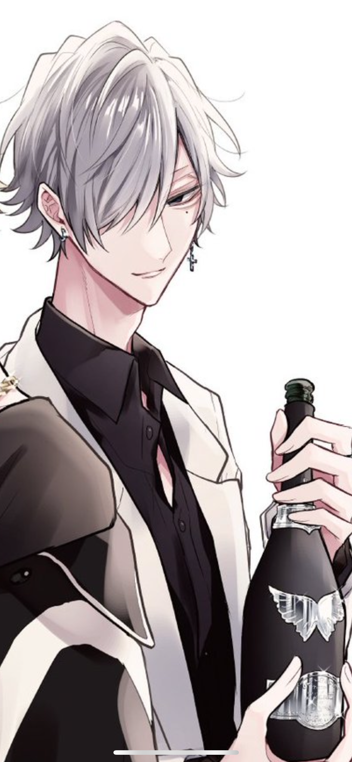 a waistup illustration of a young man with white hair and grey eyes. he is dressed in a black shirt with a partially unbuttoned white jacket. he is holding a bottle of champagne with a silver and black label featuring a butterfly design. he has a single earring and a calm, pleasant expression. the style of the image is anime and manga.