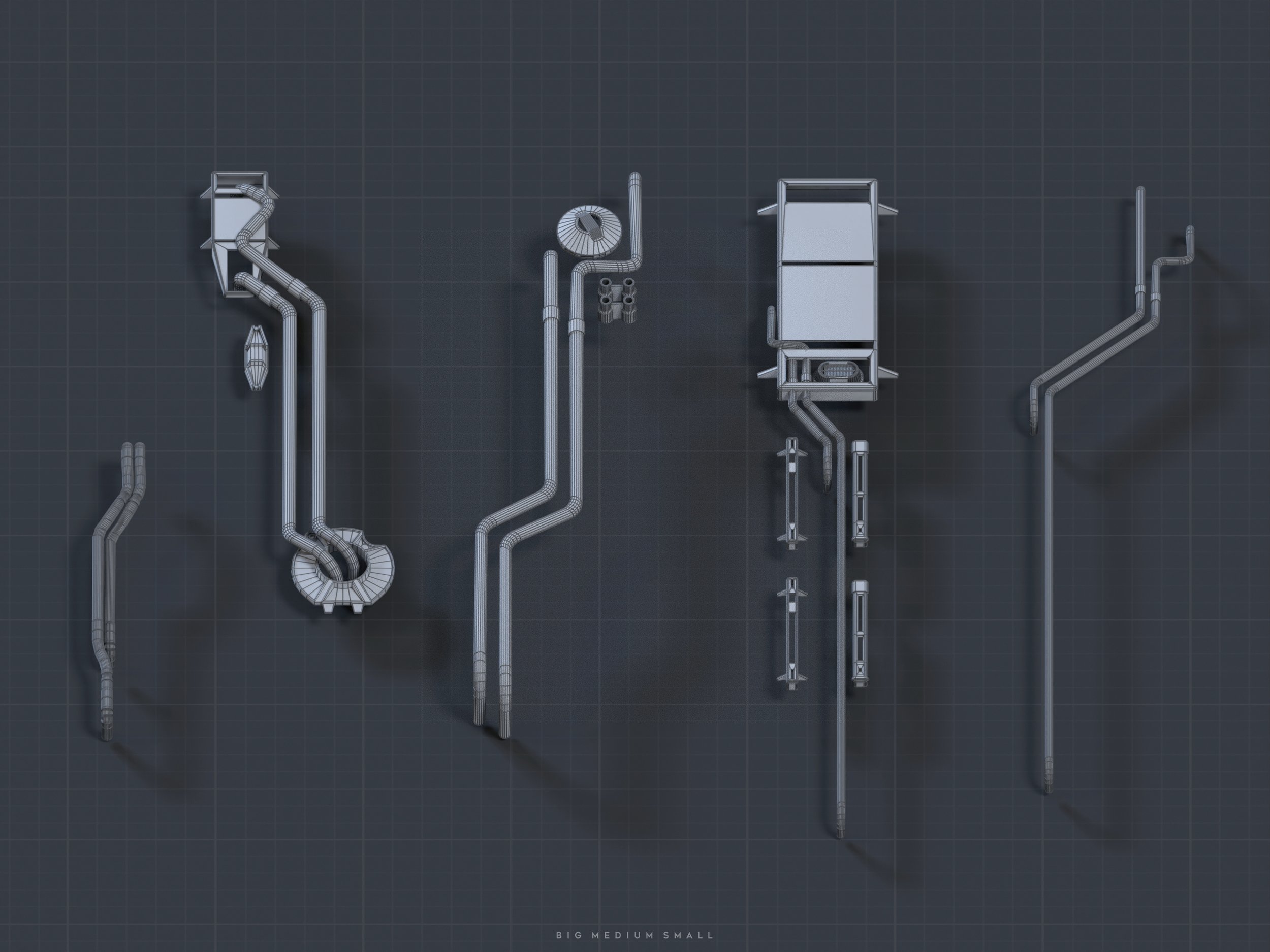 the image displays a topdown, wireframe 3d rendering of what appears to be an industrial or futuristic system. it's composed of various interconnected pipes, tubes, and a central element resembling a vehicle or machine. the components are arranged symmetrically across a gridded background. the overall style is technical and schematic, reminiscent of a blueprint or engineering drawing.  the gray color palette contributes to the technical and somewhat abstract feel. the different sizes of the pipe systems suggest a hierarchy or scaling. the image's overall aesthetic is clean, organized, and highly stylized.