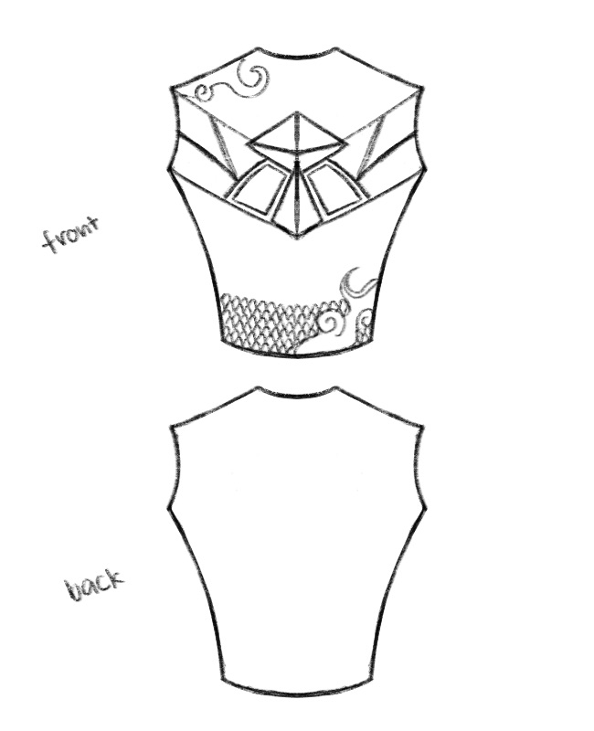 the image shows a sketched design for a vest, displaying both the front and back views. the front view features intricate geometric patterns, scalelike detailing, and decorative swirls. the back view is plain.