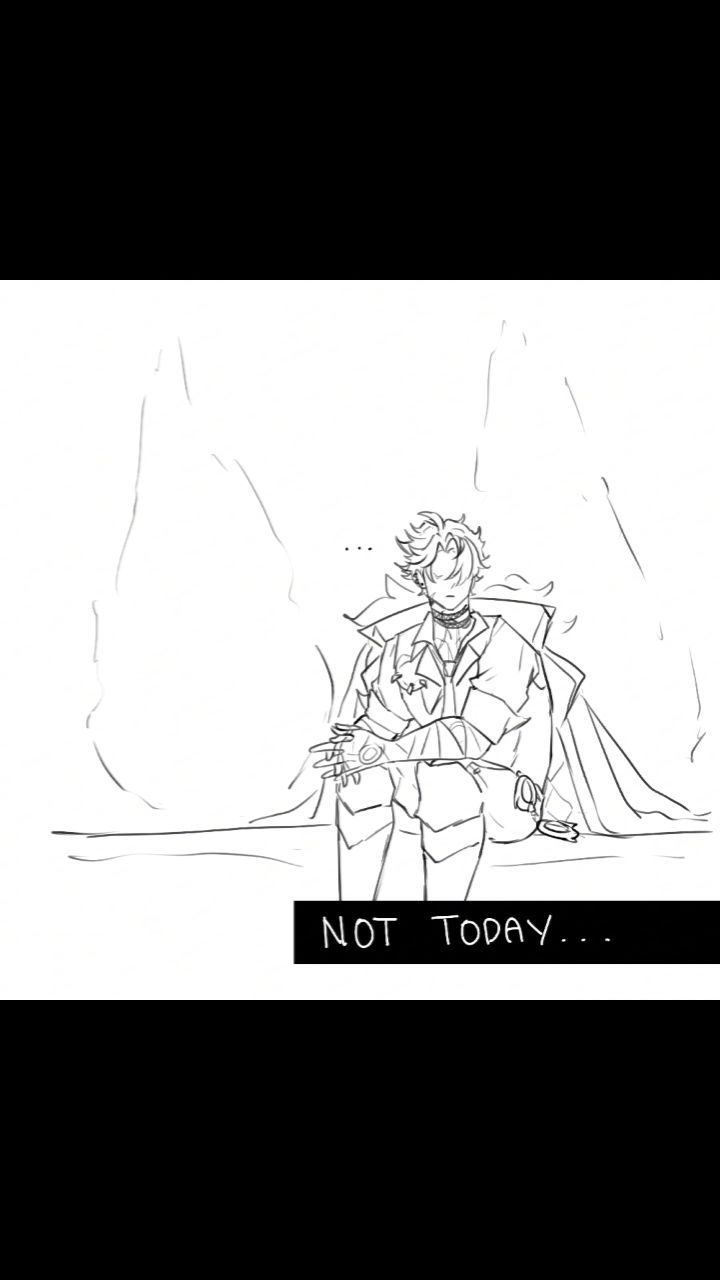the image is a black and white line drawing or sketch, possibly digital art or fan art, depicting an anime or mangastyle male character.  he's seated on what appears to be a throne or large seat, draped in a cape. his expression suggests defiance or determination. the background is stylized, with indistinct shapes suggesting a dramatic setting.  a caption at the bottom reads "not today..."  the overall style is loose and expressive, more like a quick sketch than a highly polished illustration.
