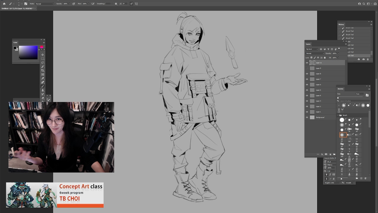 the image is a split screen showing a digital art tutorial in progress. on the main screen, a line drawing of a female character in anime/manga style is displayed on a gray canvas in adobe photoshop. the character is wearing tactical gear including a hoodie, cargo pants and boots, and is holding a knifelike weapon.  the photoshop interface is visible, showing layers and brushes.  a smaller inset shows a webcam view of the instructor, a woman, in her home office with bookshelves in the background. the instructor is gesturing as if explaining something. at the very bottom, there is a banner advertising the "concept art class" taught by "tb choi."  the overall style of the image is clean and professional, typical of an online art course presentation.
