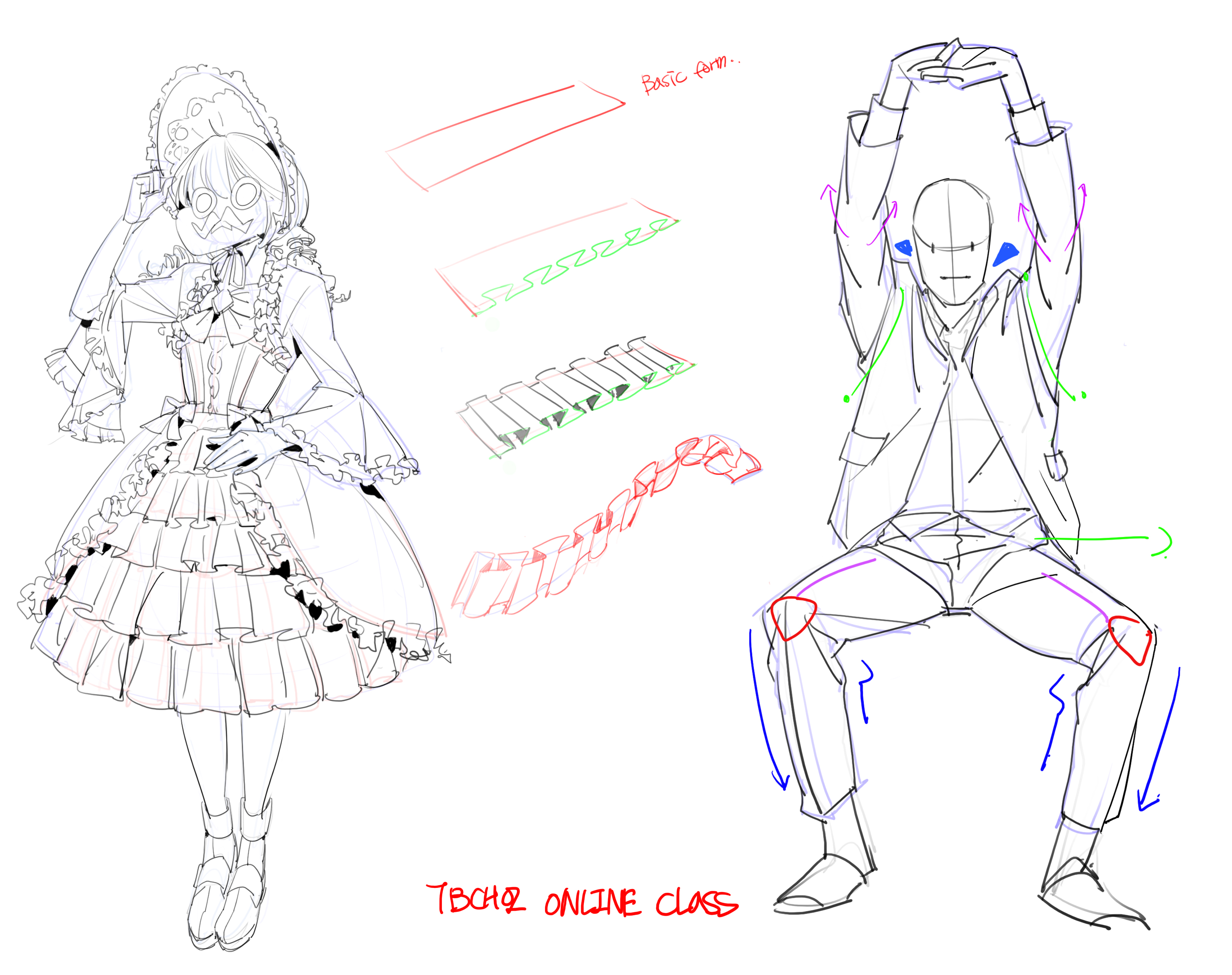 the image shows two separate figure drawings, one female and one male, accompanied by shape simplification guides.  the female figure is depicted in an elaborate lolitastyle dress, while the male figure is shown in a more casual jacket and pants, sitting with arms raised.  various lines and annotations are present, indicating form, shape, and pose structure, suggesting a tutorial or lesson on drawing.  the text "tbchr online class" is written at the bottom, confirming the educational nature of the image.  the various shape guides showcase how basic shapes can be manipulated to create the final figures.