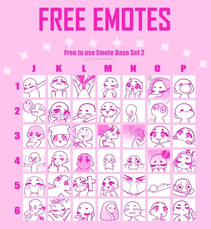 he image is a chart of freetouse emote bases, specifically "emote base set 2," created by "byegetakdimikikos." it's a grid showcasing various chibistyle character poses and expressions, categorized by letters (jp) and numbers (16).  each square contains a simple line drawing of a head and shoulders, displaying a different emotion or action. the overall color scheme is pink, with the title and categories prominently displayed. the image is intended for artists to use as a reference when creating their own emotes or characters.