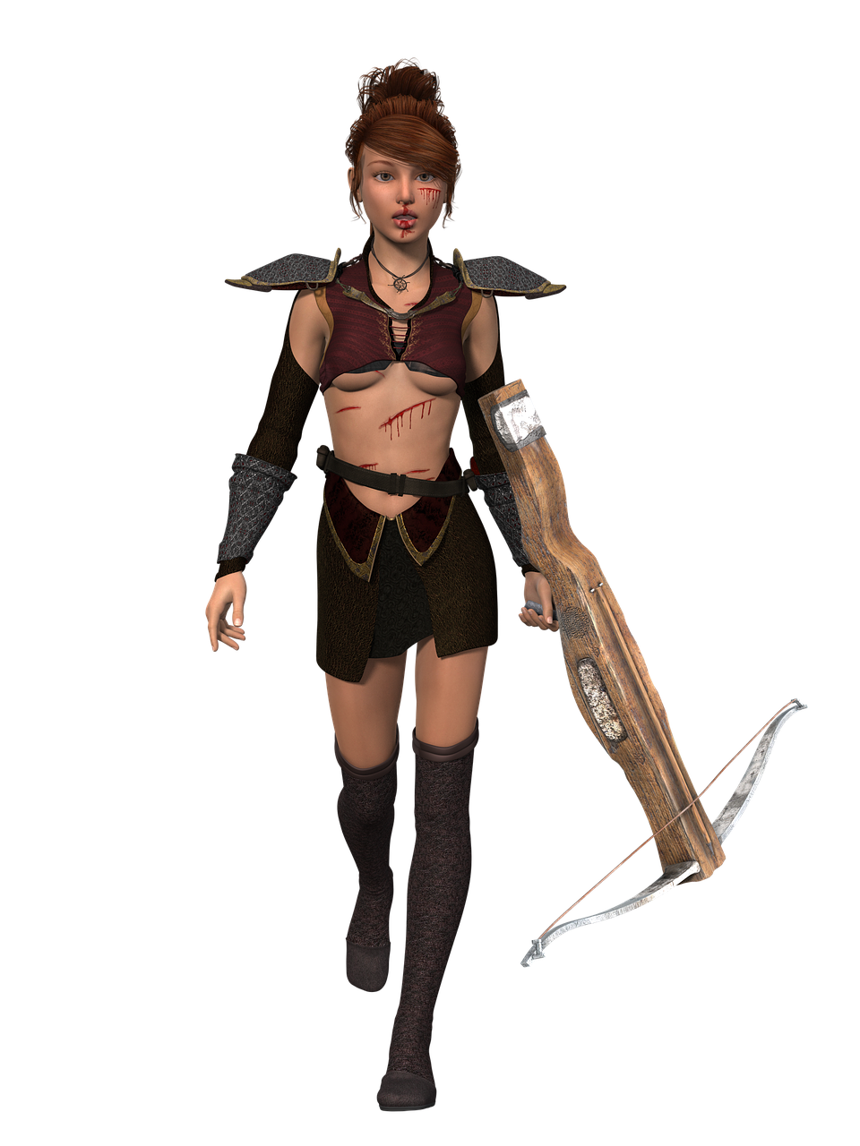 a 3d rendered fantasy image features a battleworn redhead woman warrior walking forward. she is injured with cuts and blood on her face and torso, wears medievalstyle armor, and carries a crossbow. the background is black.