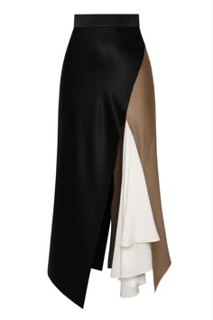 a black, white, and brown asymmetrical skirt made of satin with a high waist and a slit on the side. the skirt is flowing and elegant. it is perfect for a special occasion or a night out.