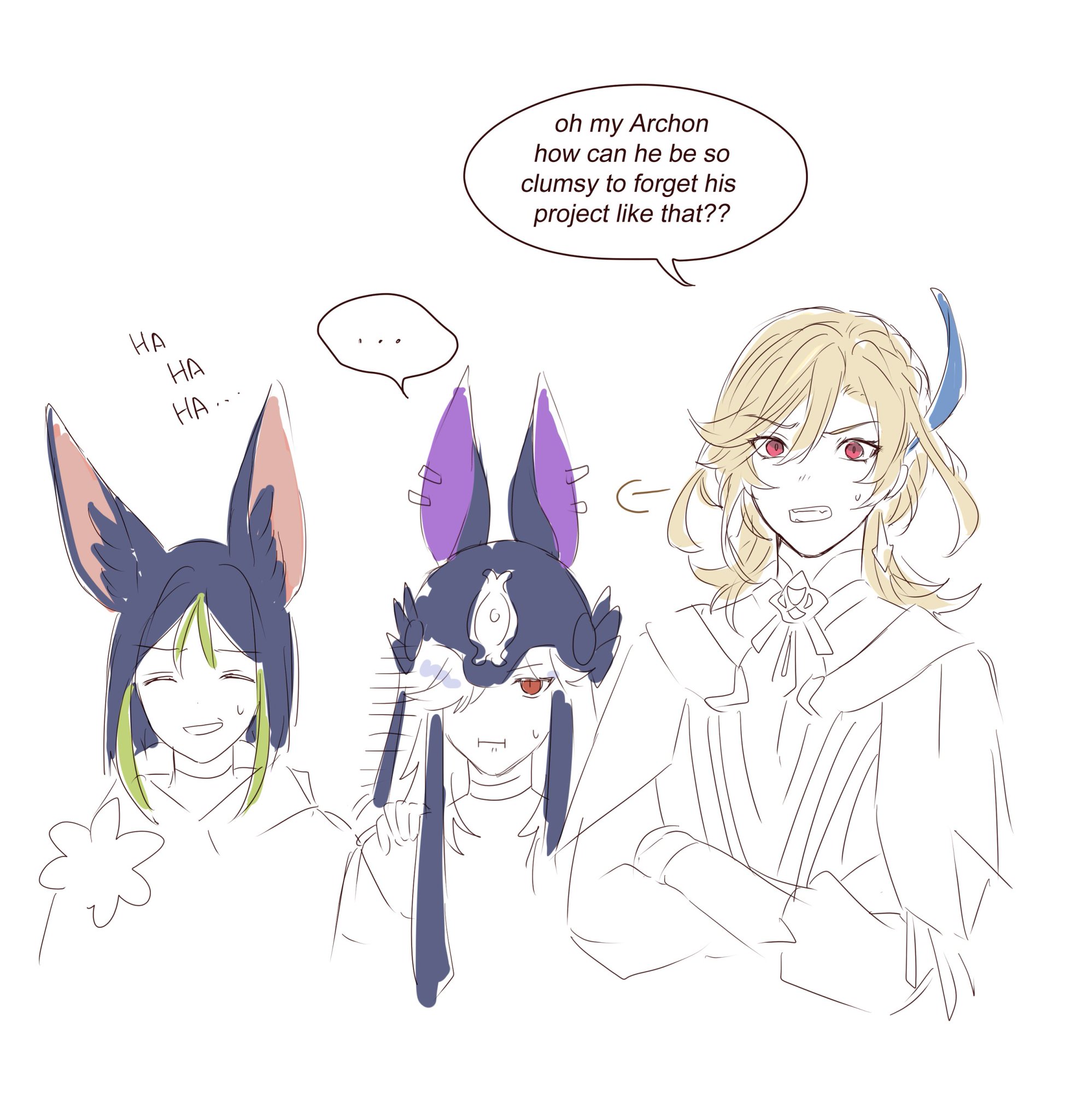 this is a drawing of three anime characters in a humorous situation. one boy with black hair and cat ears is laughing and pointing at another boy with purple hair and rabbit ears, who is surprised and seemingly frustrated. the third boy with blonde hair and a blue bird on his head is upset and angry with a frustrated expression. the third boy is saying "oh my archon, how can he be so clumsy to forget his project like that?". this comic strip is humorous because it depicts the struggle of forgetting projects, which is relatable to many people. it is likely that this comic strip is related to the popular video game genshin impact.
