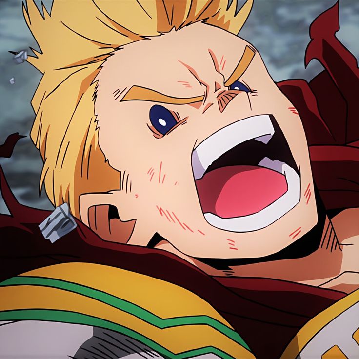 a closeup shot of deku from my hero academia. he is shown with a determined expression, his eyes wide and mouth open in a loud shout, his teeth are visible. his hair is blond and he is wearing his hero costume.  the costume is green, red, and yellow.