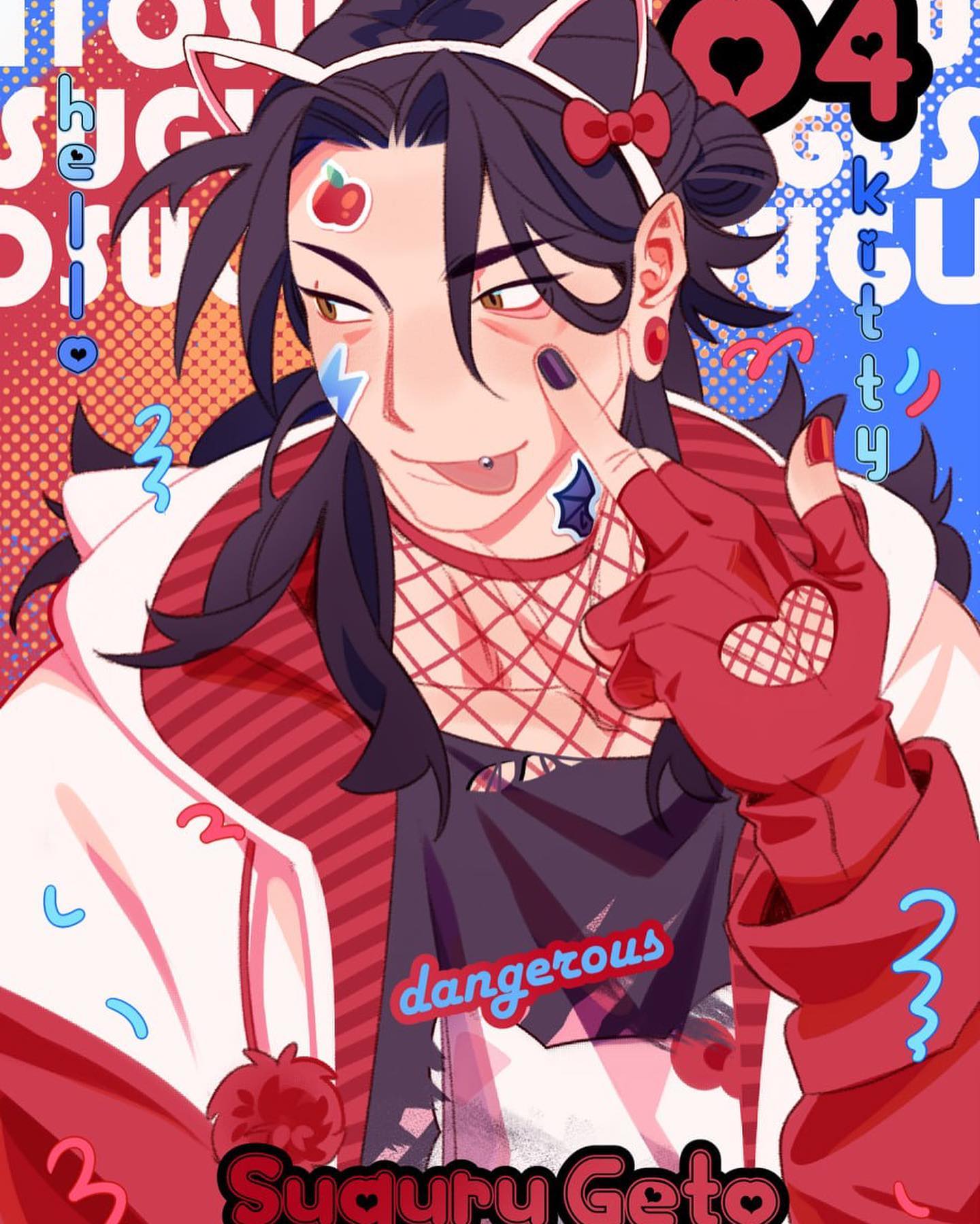 the image is a vibrant piece of fanart depicting suguru geto from jujutsu kaisen. he's styled in a cute yet edgy way, wearing cat ears, red and white clothing, gloves with heart cutouts, and several accessories like stickers and piercings.  his expression is a playful blend of mischievousness and sweetness. the background features a colorful, almost bubbly aesthetic with text that includes "sugary geto", "04", and "dangerous." the overall style is reminiscent of digital illustrations seen on social media, with bold outlines and a focus on bright, contrasting colors.