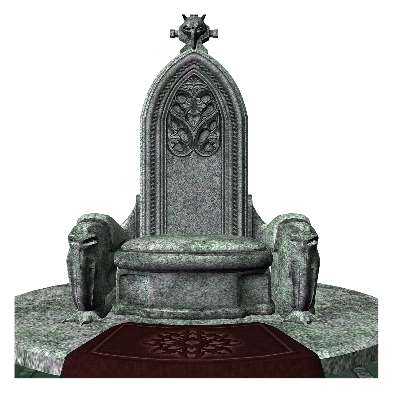 a stone throne with gothic architecture, gargoyle armrests, and a dark rug in front of it. the throne appears to be in a fantasy or medieval setting.