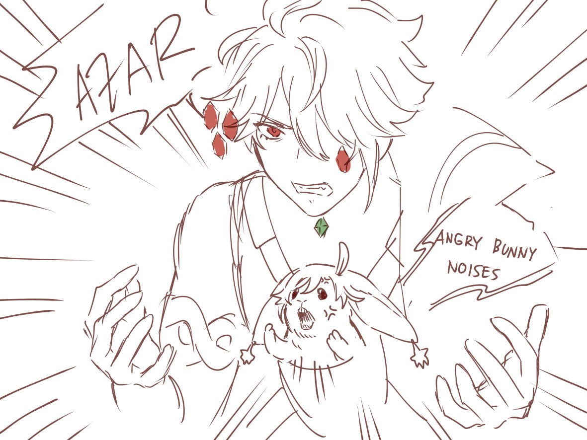 this is a digital drawing of a boy with white hair. he looks frustrated as he holds a small, angry, furry rabbit. the rabbit is looking up at the boy as it lets out some angry bunny noises.  the boy is saying "azar" which means "harm". the drawing has a white background and is done with black line work.