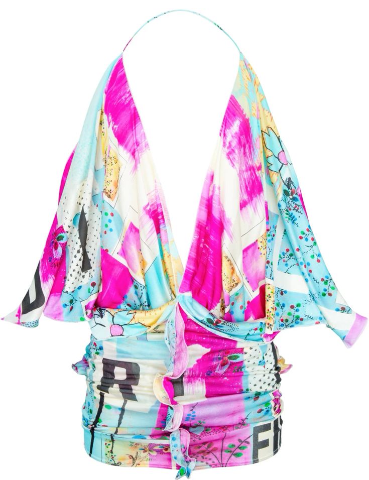 the image shows a vibrant women's halter top.  the top is predominantly pink, blue, and white, with an abstract print that incorporates floral elements and what appears to be a tiedye effect.  the fabric looks silky or satiny, and the top is ruched and gathered at the waist.  the halter straps meet at a deep vneck. the print is a mix of abstract brushstrokes, floral motifs, and what looks like lettering or text scattered throughout the design. the top has short, wide sleeves that flare slightly. it appears to be designed for a casual or party setting.