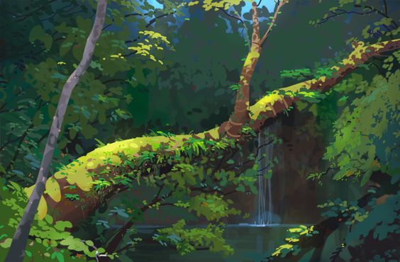 a lush green forest with a fallen tree trunk covered in moss, creating a natural bridge over a small waterfall that flows into a serene river below. the image is bathed in dappled sunlight, highlighting the vibrant greenery and creating a sense of tranquility and beauty.