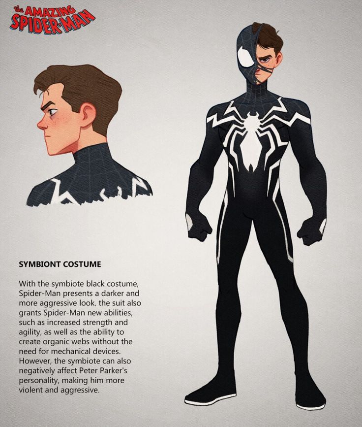 the image shows a drawing of spiderman wearing the black symbiote suit. on the left side of the image, we can see a close up of spiderman's face. underneath the drawing, we see a description of the symbiote suit and its effects on spiderman. the image is drawn in a cartoon style and uses vibrant colors.
