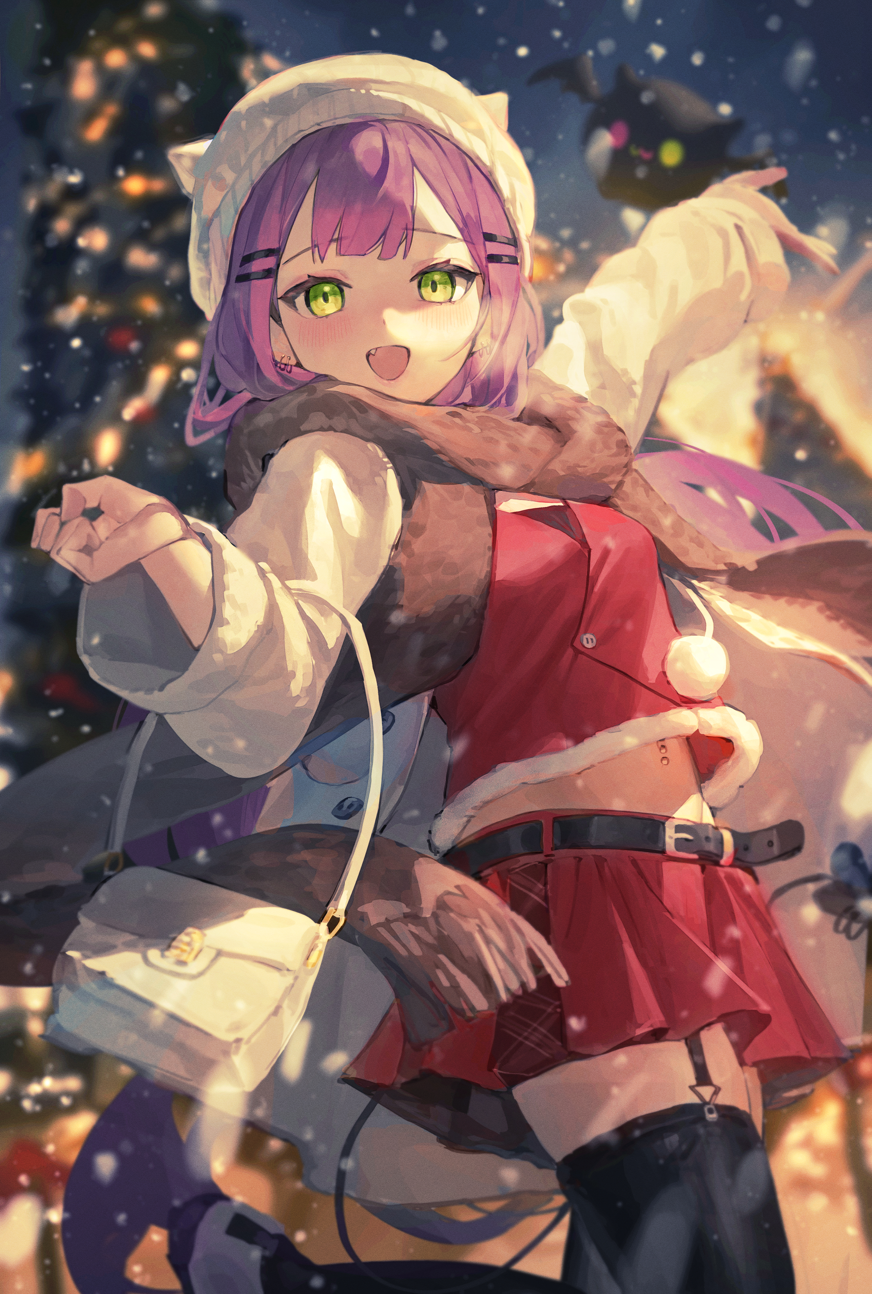 the image is a digital illustration of an anime girl. she has purple hair, green eyes, and is wearing a white hat with cat ears, a brown furtrimmed jacket, a red christmasthemed dress, black stockings, and a white bag. she is smiling and looks happy. the background is a snowy christmas scene with lights and a blurry christmas tree.  she appears to be enjoying the festive atmosphere. the overall style is cute and kawaii.
