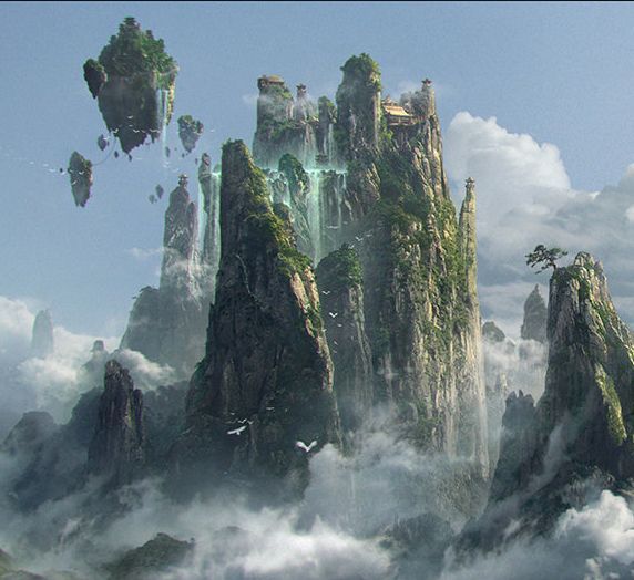 the image depicts a fantastical mountain landscape with towering peaks, floating islands, and cascading waterfalls. mist and clouds surround the base of the mountains, creating a sense of mystery and depth. asianstyle buildings are perched atop some of the mountains, and small birds fly through the air. the scene evokes a sense of wonder and serenity.