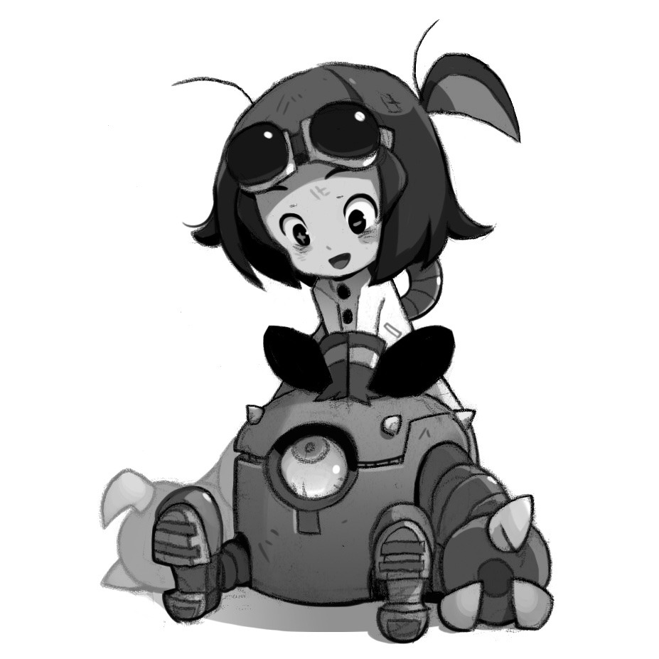 the image features a young girl with short hair, wearing goggles on her head and a lab coat, perched happily atop a friendlylooking, squat robot. the robot has a large, single eye and a slightly battered exterior. the girl and her creation are drawn in a cute and whimsical style, rendered in shades of gray.