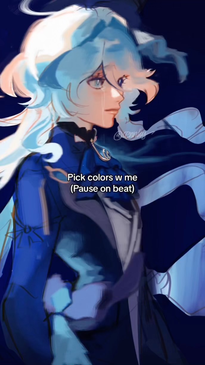 the image is a digital painting of a young woman with long, flowing blue hair. she is dressed in a stylish blue outfit and has a serene expression on her face. the background is dark blue and purple, creating a mysterious and atmospheric effect. the style of the artwork is animeinspired, with soft lines and muted colors. the text "pick colors w me (pause on beat)" is overlaid on the image, suggesting that it is a work in progress or a creative prompt.