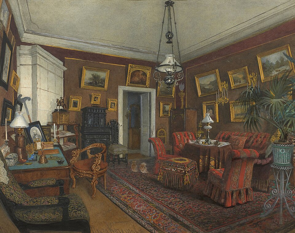 this is an indoor painting of a lavishly decorated room. the room has dark brown walls covered with numerous framed paintings. furniture includes a sofa, armchairs, a desk, and a small black cabinet. a round table sits in the center with tea or coffee cups and a lamp on top. an elaborate hanging lamp illuminates the space. a potted plant stands to the right. a fireplace is visible on the left. a red rug covers the floor.