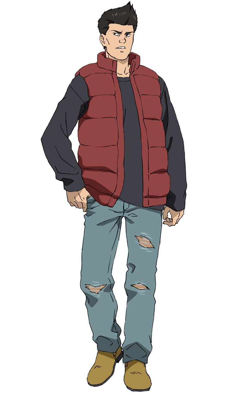 the image contains a cartoon depiction of a male anime character standing against a white background. he has black hair, a red vest, blue jeans, and brown shoes. he's looking off to the side with a slightly annoyed expression.