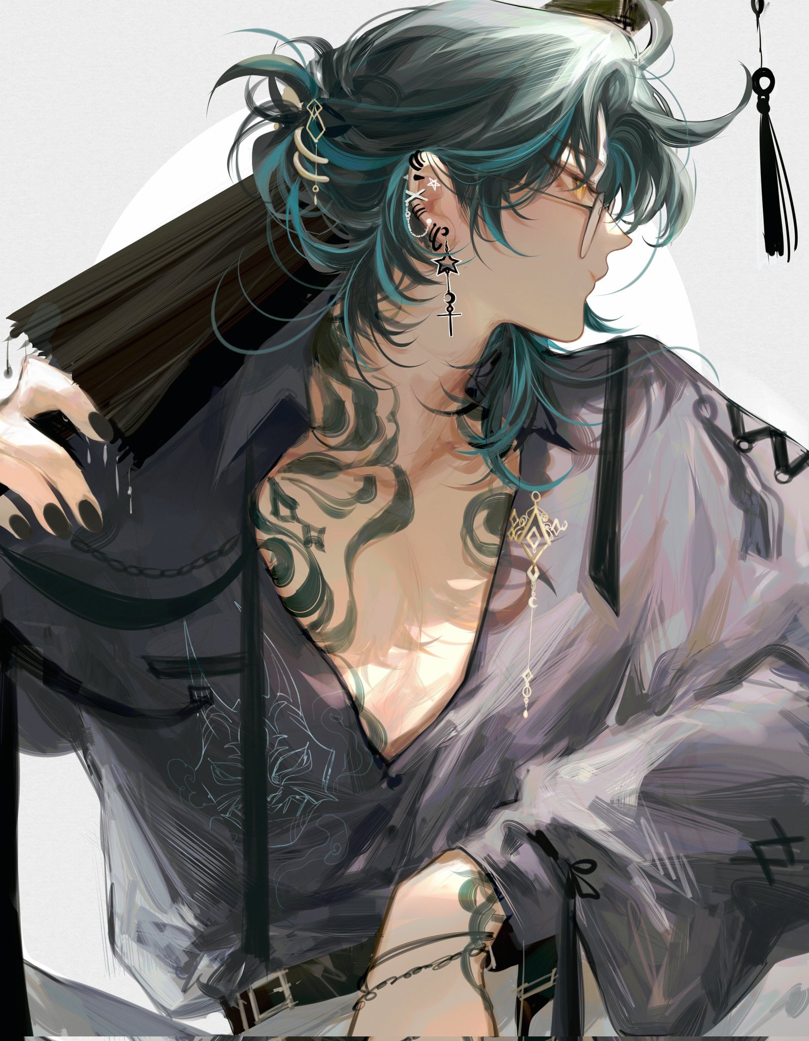 he image showcases a stylized animeesque portrait of a young man. he possesses tealcolored hair styled into a loose updo, complemented by goldtoned accessories such as earrings and what appears to be a hair clip.  his attire consists of a loose, flowing grayishpurple shirt that's partially open to reveal intricate tattoos on his chest and shoulders. he's also wearing glasses and a necklace with a pendant. he holds a darkcolored fan, and an element suggestive of a traditional chinese ornament hangs from the background near his head. the art style is painterly and detailed, with a focus on soft, blended colors and a sense of elegance and mystery. the overall mood is sophisticated and somewhat melancholic.