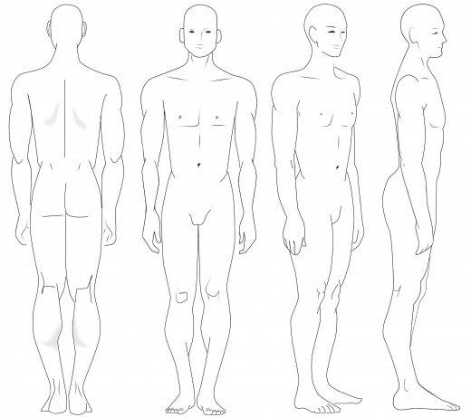 the image shows four outlines of male figures. each figure is standing in a different pose. the figures are drawn in a simple, clean style with no detail other than the outline of the body. the figures are all facing forward. the first figure is facing the viewer. the second figure is facing the viewer, but his arms are at his sides. the third figure is facing to the right. the fourth figure is facing to the left.