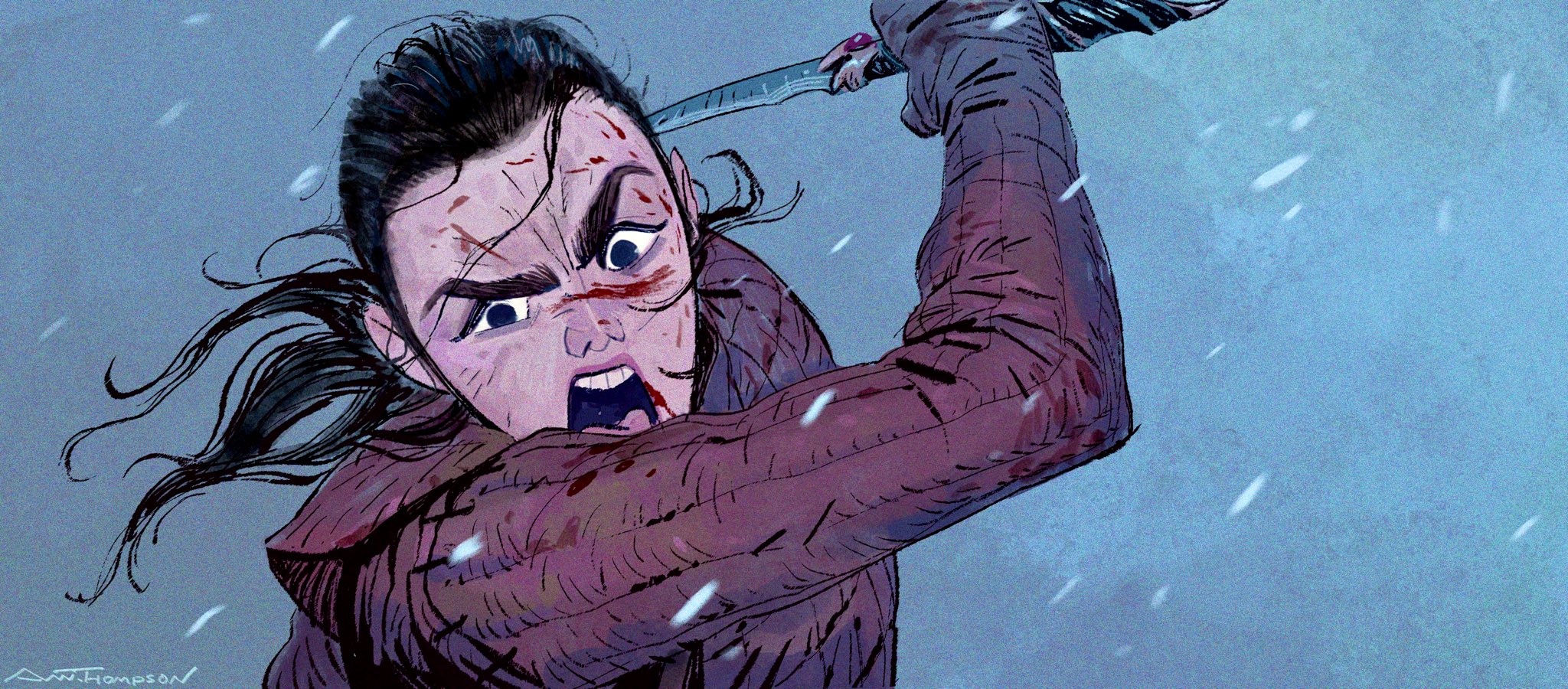 a digital illustration of a young woman with dark hair and eyes, she is covered in blood and has a scar on her face. she is holding a sword or dagger and looks to be in the middle of a fight. it is snowing and the background is a blueishgray color.