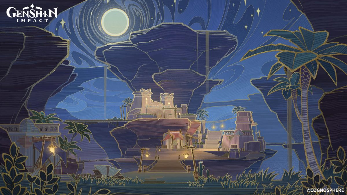 a digital illustration from the game genshin impact depicting a nighttime landscape scene in a fantasy world. the moon shines brightly in the night sky, casting a warm glow over the scene. the image features a village nestled between tall cliffs, lit up by lanterns. the scene is full of detail and depth, and the use of color and light creates a magical atmosphere. the game logo is prominently displayed in the top left corner.