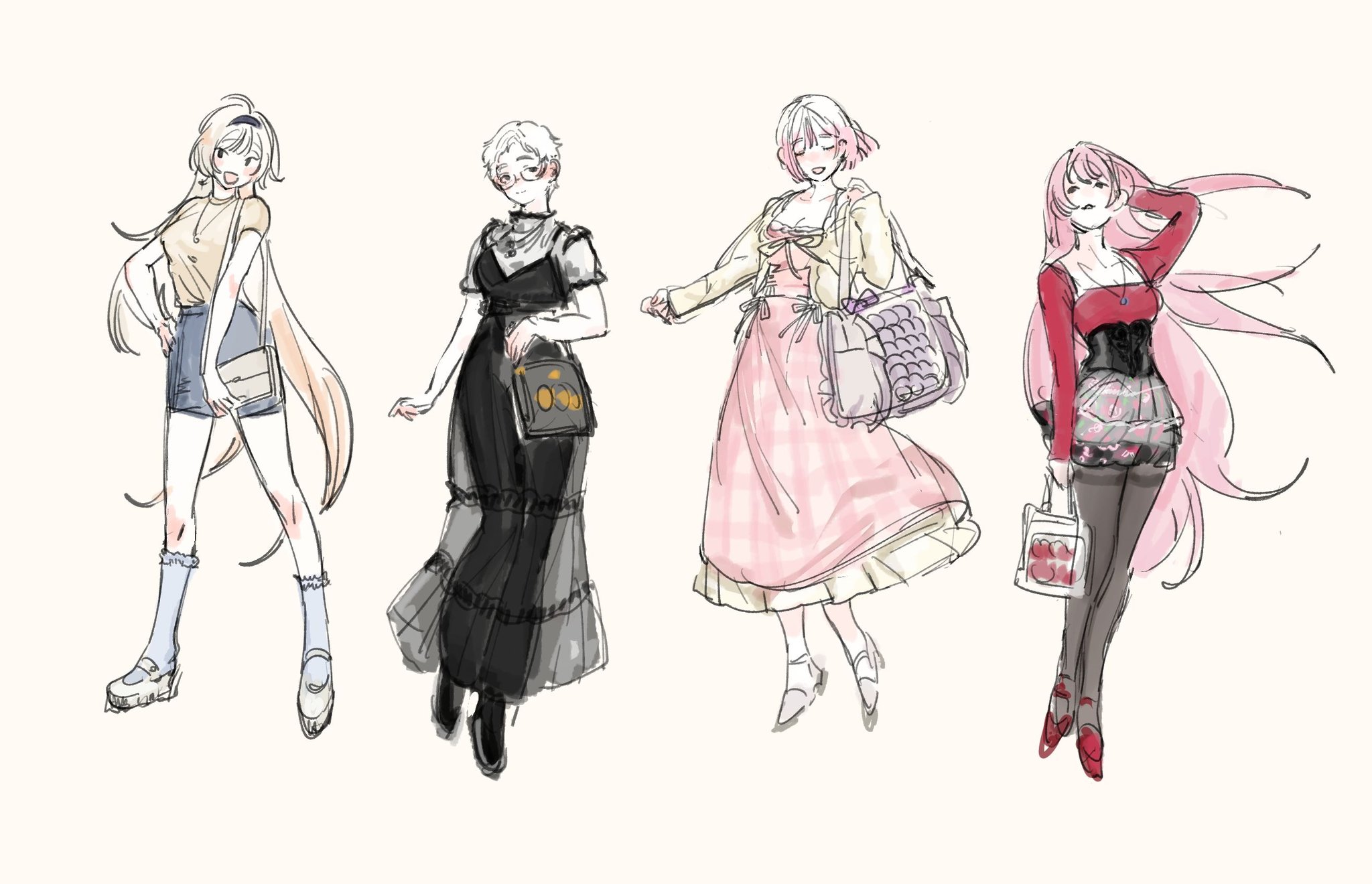 he image contains a digital painting of four female characters. each character has a unique style and personality expressed through their clothing and pose. the art style is light and loose, resembling a quick sketch rather than a polished illustration.  the overall mood is light and cheerful.  the characters are depicted from the knees up, and each one has their own distinct hair color and outfit. the background is white, making the characters the clear focus.