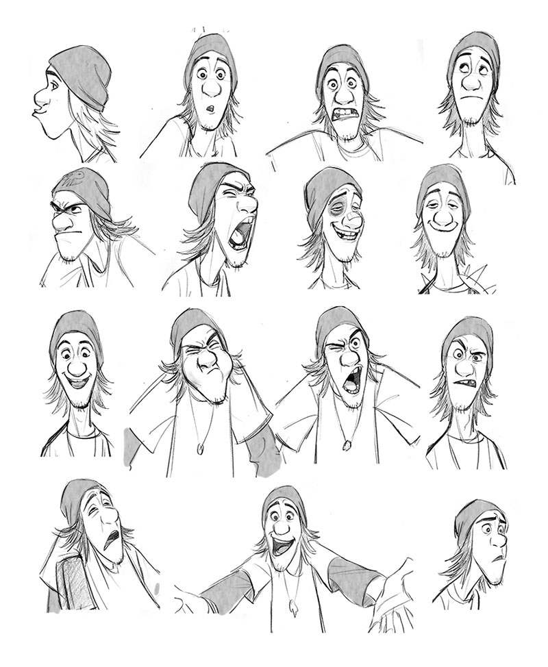 this is a black and white character design sheet featuring a range of facial expressions. the character is a young man with a beanie, drawn in a cartoon style. the expressions range from surprised and happy to angry and scared.