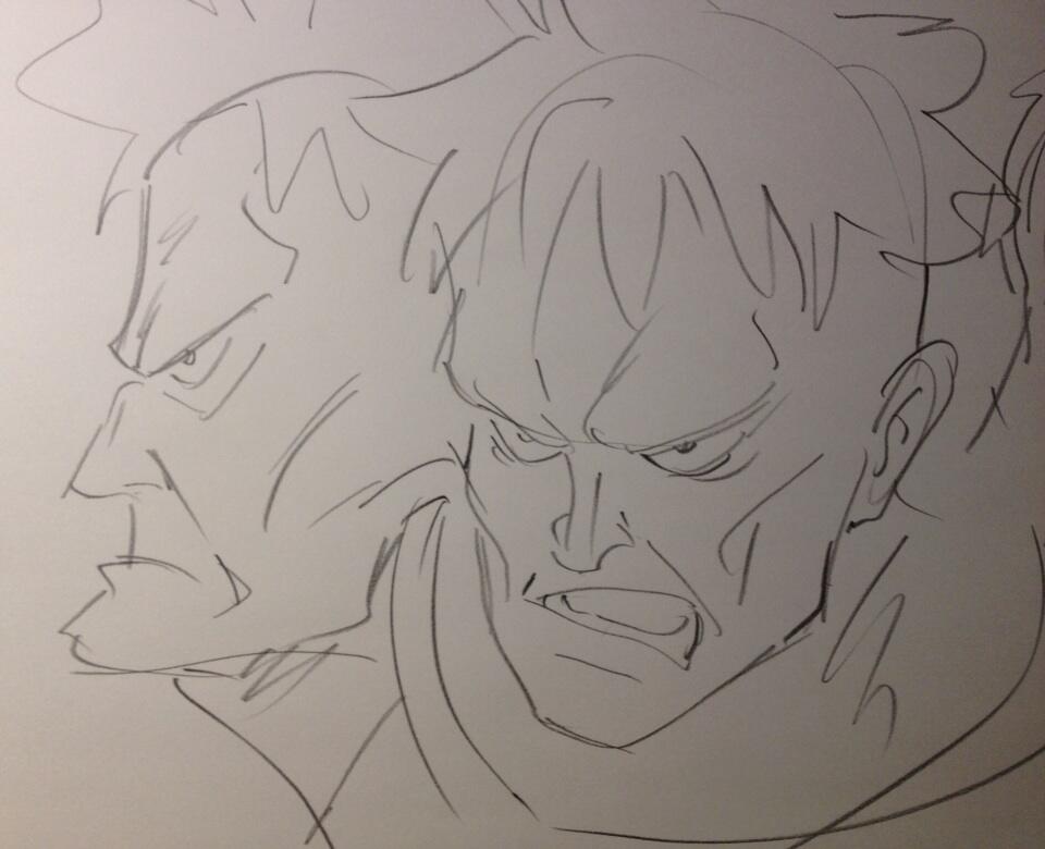 a pencil sketch of two male anime characters with angry expressions on their faces.