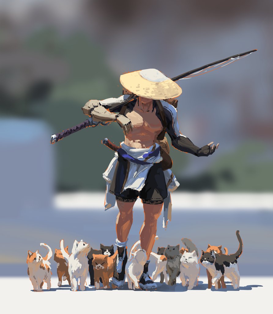 a digital painting depicts a fantasy samurailike figure, a shirtless man with a straw hat, holding a katana and backpack, surrounded by a group of various colored cats. the artwork is vibrant and full of color, with a calm and peaceful atmosphere. the style is loose and painterly, focusing on mood and expression rather than precise detail.  the man looks content and happy among the cats. the background is a blurry, outoffocus landscape suggesting an outdoor setting.