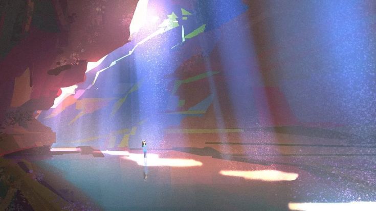 a lone figure stands within a vast cavern, illuminated by beams of sunlight pouring through cracks in the ceiling. the cavern walls are textured and colorful, bathed in warm and cool hues. the light creates a sense of awe and wonder, highlighting the person's small stature against the grandeur of the environment.  the smooth floor reflects the light and colors, adding to the sense of depth and atmosphere.
