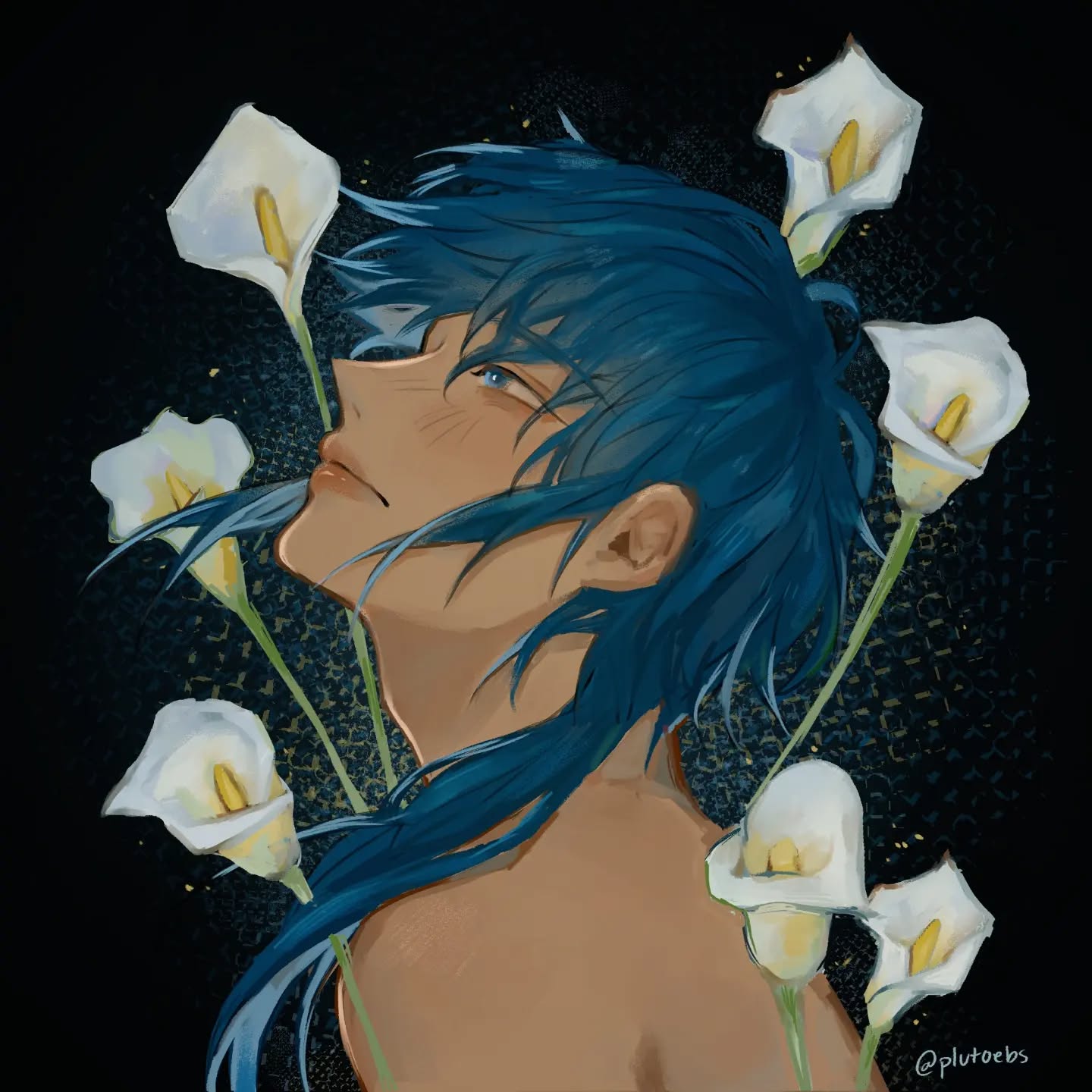 the image is a digital painting of a young animestyle male character with long, vibrant blue hair. he has tan skin and is depicted from the shoulders up, his head tilted back slightly.  he is surrounded by several white calla lilies, which are subtly glowing with a soft, golden light against the dark background. the overall style is soft and painterly, with a focus on creating a serene and elegant atmosphere. the character's expression is peaceful and dreamy.