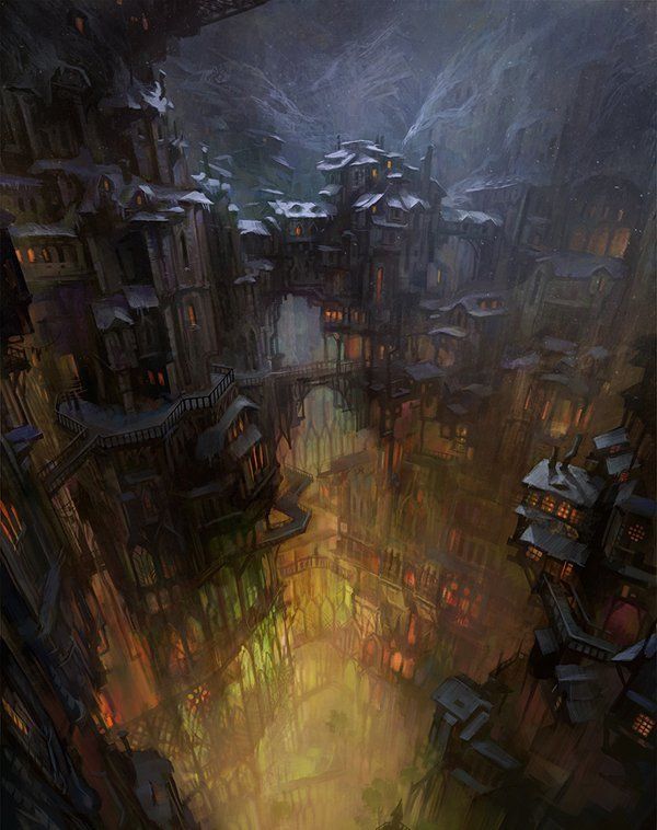 this is an artistic illustration of a fantastical city built within a deep valley or canyon. the structures are multitiered and connected by bridges, conveying a sense of depth and verticality. the color palette is dominated by dark tones, with hints of light emanating from windows and highlighting certain areas of the architecture. the overall impression is that of a dim, mysterious, and elevated urban environment.