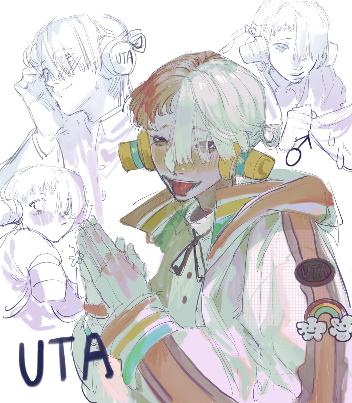 a digital fanart sketch of uta from one piece film red. the image showcases the character in various poses and expressions, highlighting his unique design with headphones and microphone. the color scheme leans towards a soft pastel palette with hints of brighter colors in his attire. the overall aesthetic is stylized and expressive.