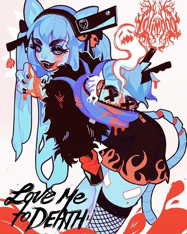 the image is a digital illustration of two cartoon characters. they appear to be animestyle characters in the goth/grunge/dark aesthetic. both characters have bright blue skin and bright red and white eyes. the character in the front is wearing a black jacket and a black shirt with flamelike patterns. they also have a black mask with white crosses and are covered in fake blood. the character in the back is wearing a black jacket with white skull markings on it, and they have a  long black scarf and a blue headband. the character in the back is also covered in fake blood and is holding a knife. the background is in shades of pink, red, and white. the two characters are drawn in a stylized fashion and the lines are thick and black.  the text "love me to death" is drawn at the bottom of the image. above the text is a black and white illustration of a skull with a large crown.