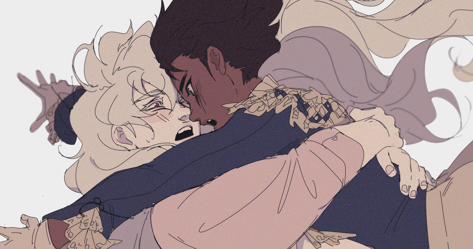this is a digital art illustration of an anime couple. the woman is on the bottom and the man is holding her. the man is holding the woman close. the man has black hair and the woman has white hair. they are both wearing clothes with black, white, and pink tones. the background is a light blue color. the woman has her head tilted back slightly and her eyes are closed. the man has a worried expression on his face. the art style is soft and romantic, with delicate lines and strokes. the illustration is a beautiful and emotional portrayal of a couple in love.