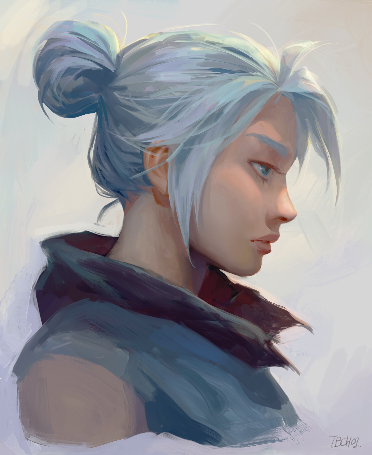the image is a digital painting depicting the side profile of a young woman with pale skin and light blue hair styled in a loose bun.  her expression is serious and somewhat pensive. the style of the artwork is painterly and impressionistic, using loose brushstrokes and soft lighting to create a dreamy atmosphere. the background is a soft, blurred wash of light colors, drawing focus to the figure.  she wears darktoned clothing with a noticeable collar.  the overall style suggests fantasy art or a style influenced by anime or manga.