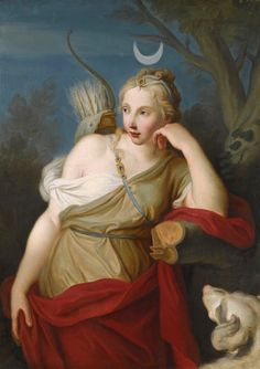 a painting of the roman goddess diana. she is a young woman wearing a white and gold robe with a red cloth draped over her left arm. she has a quiver of arrows on her back and a hunting bow is visible behind her. she rests her right arm on a tree trunk with a crescent moon just above her head. there is a white hound at her feet and she is gazing directly at the viewer.