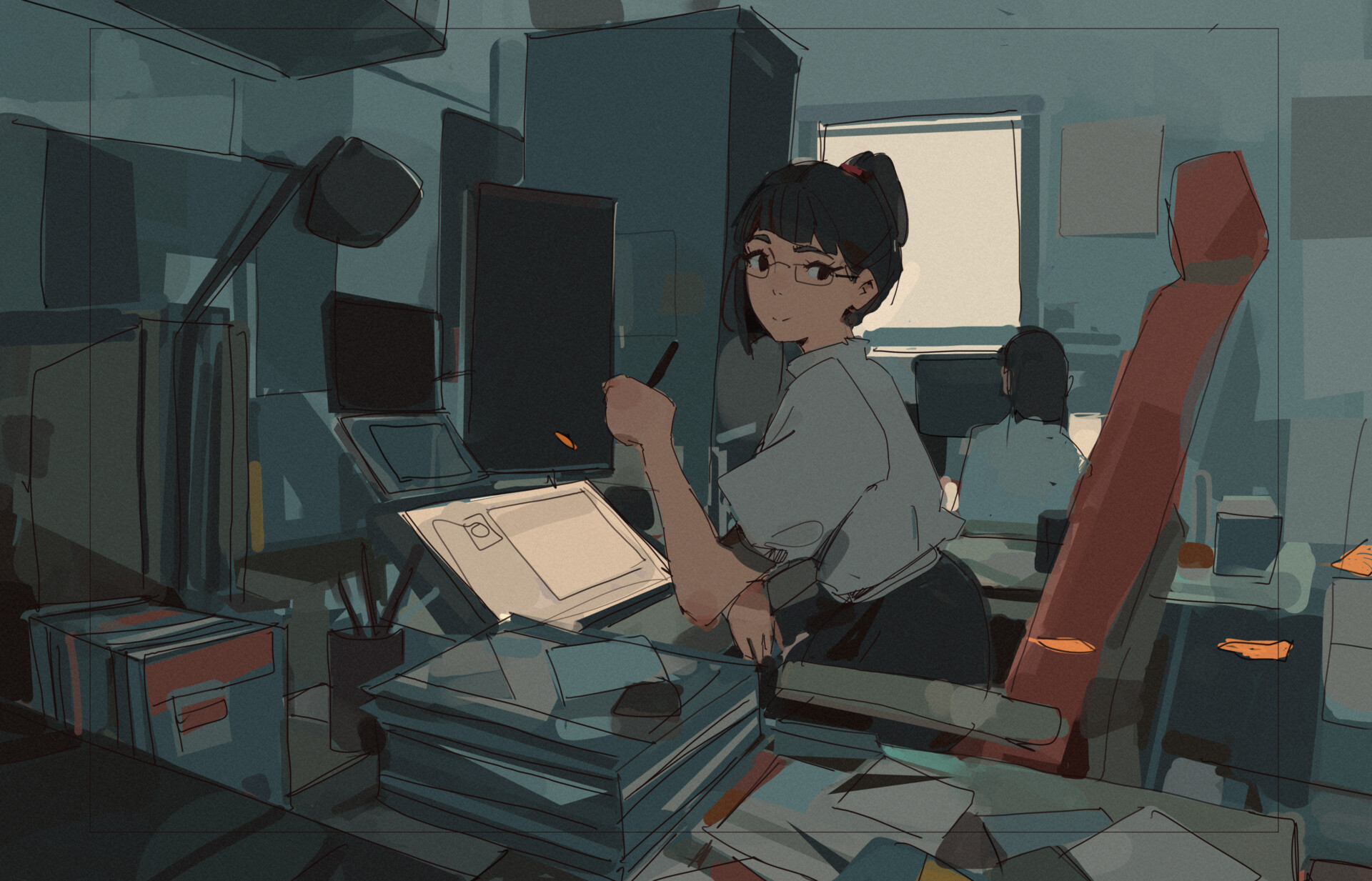 an illustration depicting a woman in glasses and a bun hairstyle working at a desk. she is holding a pen or stylus and appears to be using a drawing tablet on a cluttered desk covered in paperwork. there's a computer monitor and various office items surrounding her. another person is seated at a desk behind her. the scene is set in an office environment with a window in the background.