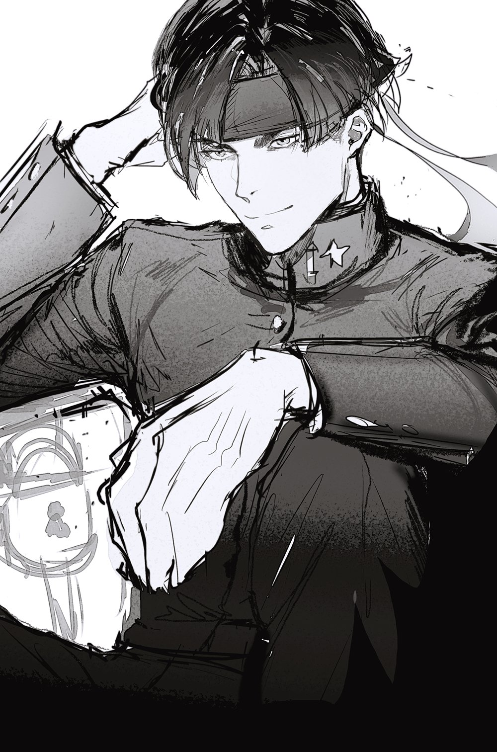 a black and white sketch of an animestyle male character. he is sitting with his hand resting on his leg. he has a serious expression. he has a headband on his forehead and his hair is styled in a way that is common among anime male characters.