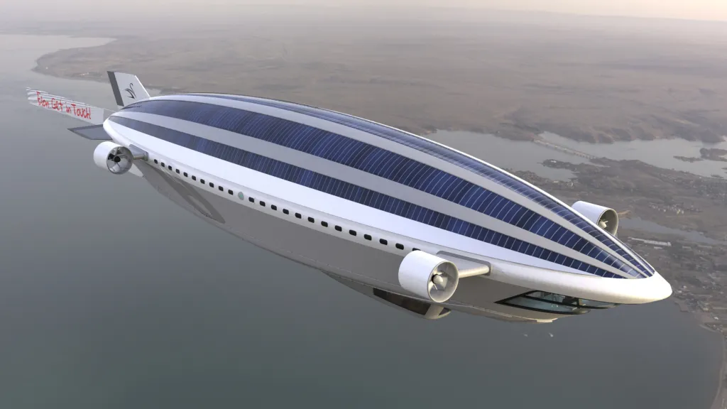 a white airship with a solar panel roof is flying over a body of water. the airship has a sleek, futuristic design. the airship is flying at a low altitude, and the water below is visible. the airship has a large window on the side, and a propeller at the tail.  the airship is painted with the words "fly get in touch" on the side.