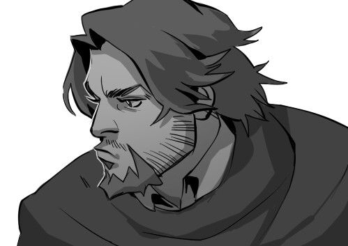 a black and white drawing of a man in a hooded cloak. he is looking off to the side with a serious expression. his hair is long and messy and he has a beard and mustache. the drawing is stylized and looks like it could be from an anime or comic book.