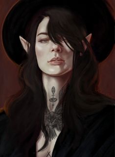 this is a digital portrait of a female elf with long dark hair and pointed ears. she wears a widebrimmed black hat and has intricate tattoos of a sword, eyes, and birds on her neck and chest. the background is a dark, moody red.  the lighting is soft and directional, highlighting the elf's face and features.  the overall mood of the image is mysterious and alluring.