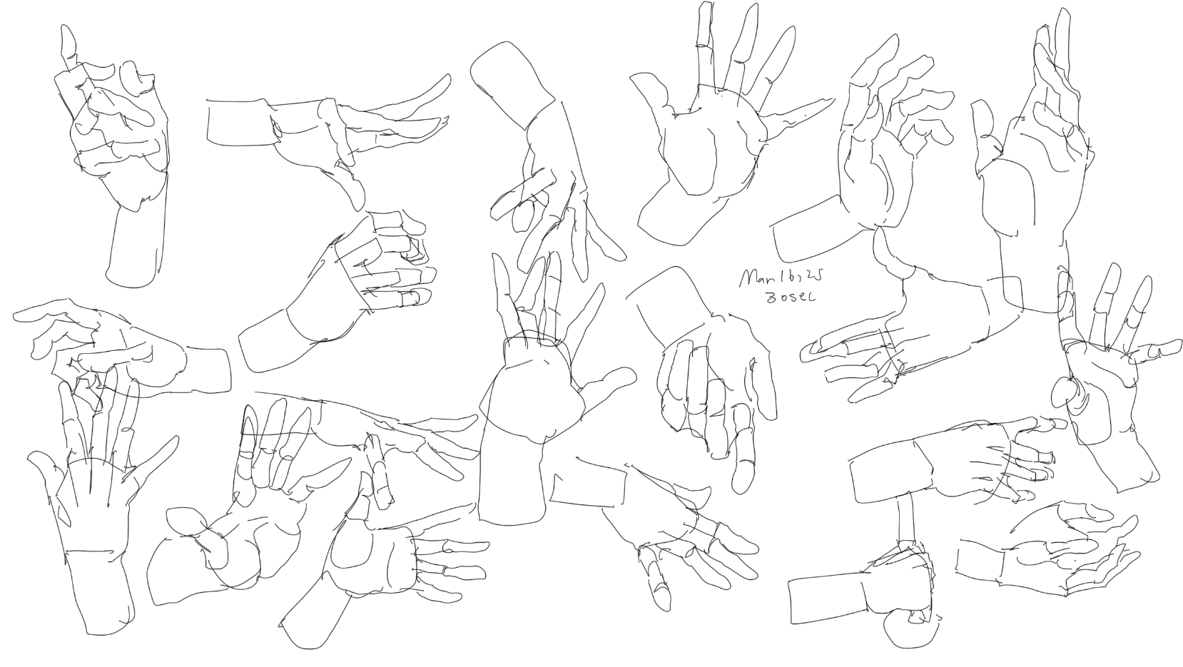 a collection of hand sketches in various poses, rendered in simple line art. the drawings appear to be quick gesture studies, capturing different angles and actions of the hands.